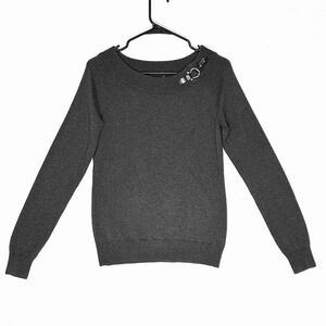 Lauren Ralph Lauren Women's Faux Leather Buckle Sweater Dark Grey Size MED